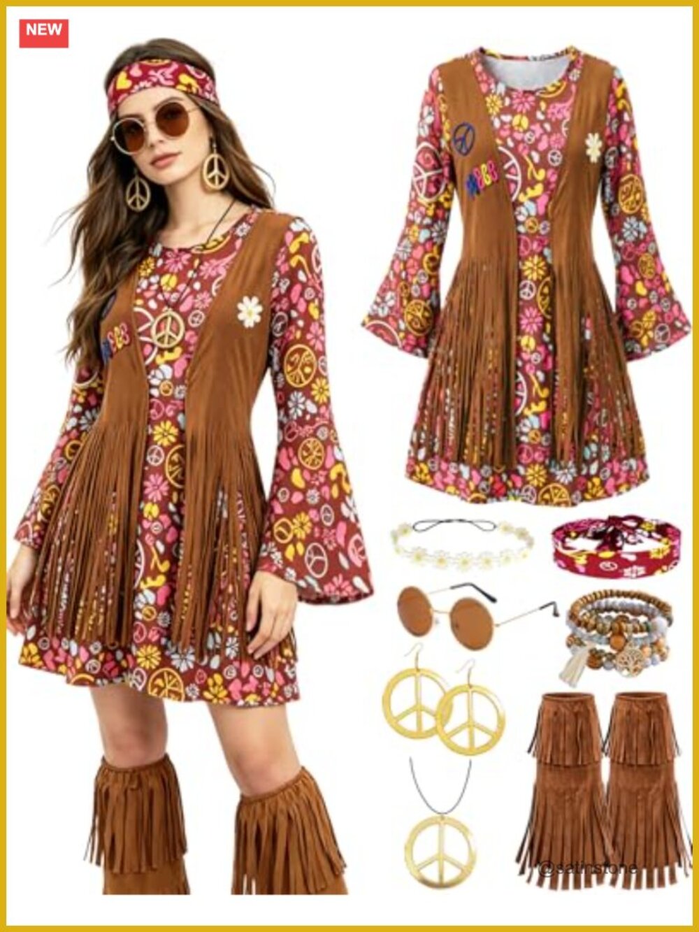 60s 70s Hippie Disco Costume Dress Set Fringe Boot Covers Headbands